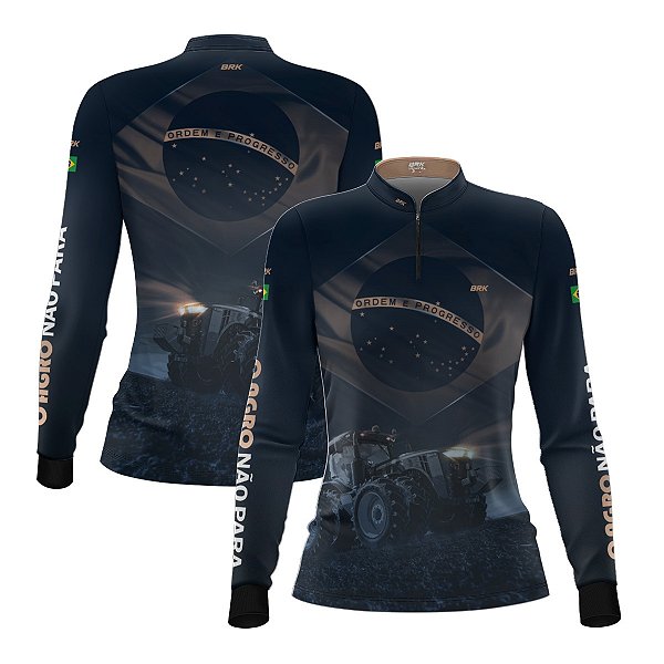 Camisa Agro Feminina Brk Azul Trator Bandeira do Brasil com Proteção Solar UV50+