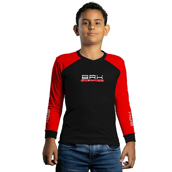 Camisa de Pesca Infantil Brk Isca Lures Vermelha com Proteção UV50+