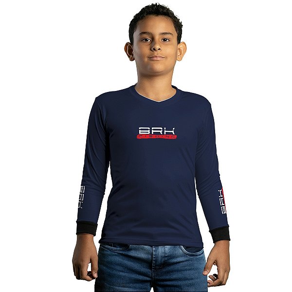 Camisa de Pesca Infantil Brk Azul Isca Artificial com Proteção UV50+