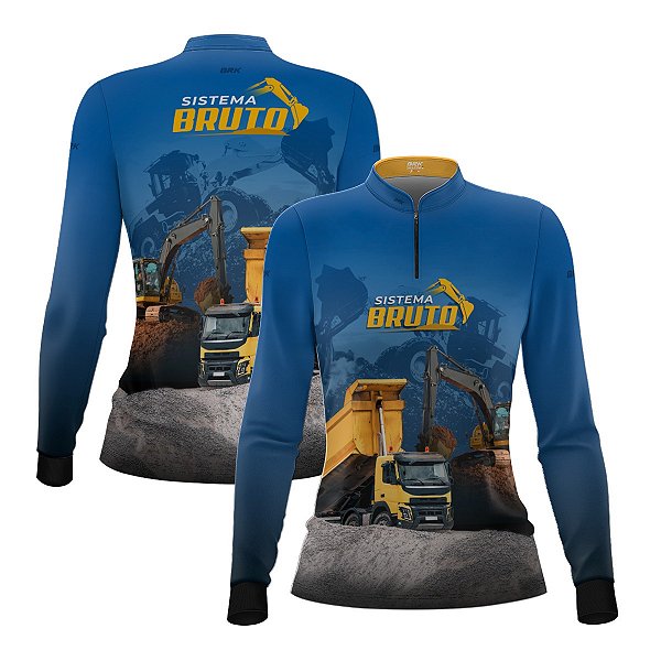 Camisa Máquina Pesada Feminina Brk Azul Caminhão Basculante e Retroescavadeira com Proteção UV50+
