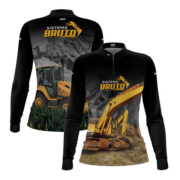 Camisa Máquina Pesada Feminina Brk Preto e Amarelo Terraplanagem com Proteção UV50+