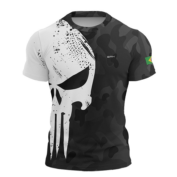 Camiseta Caveira Militar Brk Cinza Skull Camo com Proteção UV50+