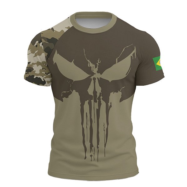 Camiseta Caveira Militar Brk Verde Musgo Skull Camo com Proteção UV50+