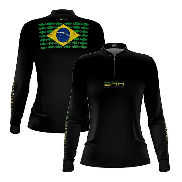 Camisa de Pesca Feminina Brk Pescador Patriota Preta Brasil com Proteção UV50