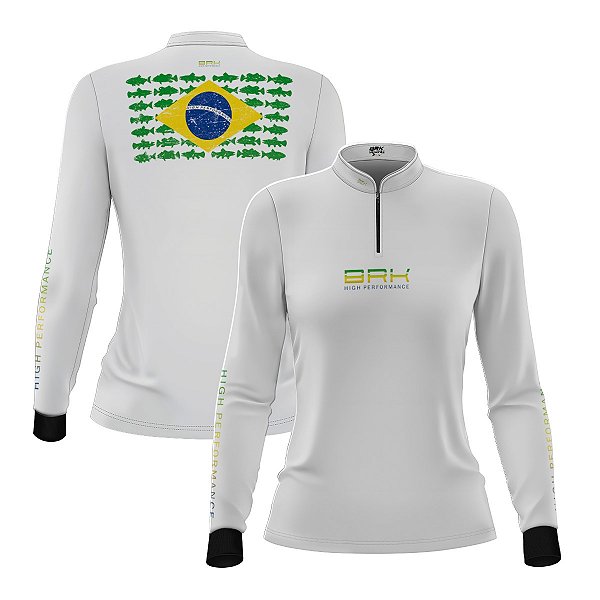 Camisa de Pesca Feminina Brk Pescador Patriota Branca Brasil com Proteção UV50