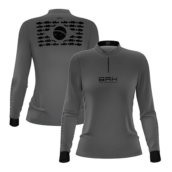 Camisa de Pesca Feminina Brk Pescador Patriota Cinza e Preta com Proteção UV50