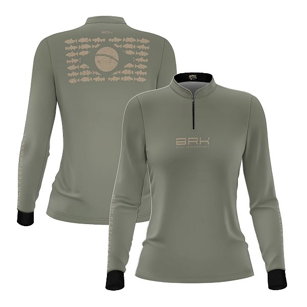 Camisa de Pesca Feminina Brk Pescador Patriota Caqui e Bege com Proteção UV50