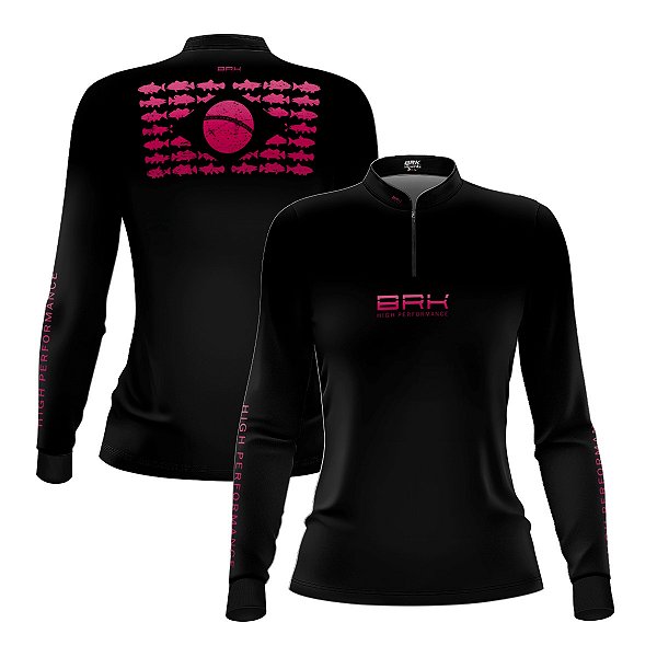 Camisa de Pesca Feminina Brk Pescadora Patriota Preta e Rosa com Proteção UV50