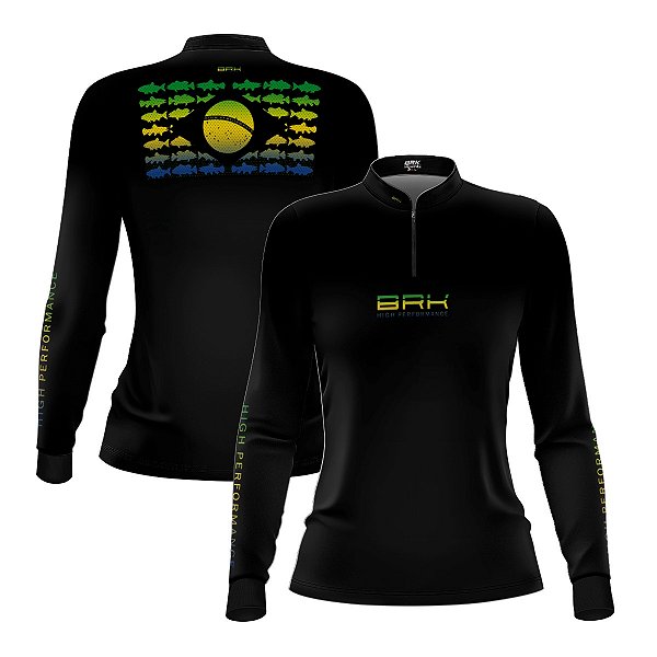 Camisa de Pesca Feminina Brk Pescador Patriota Preta Gradiente Brasil com Proteção UV50