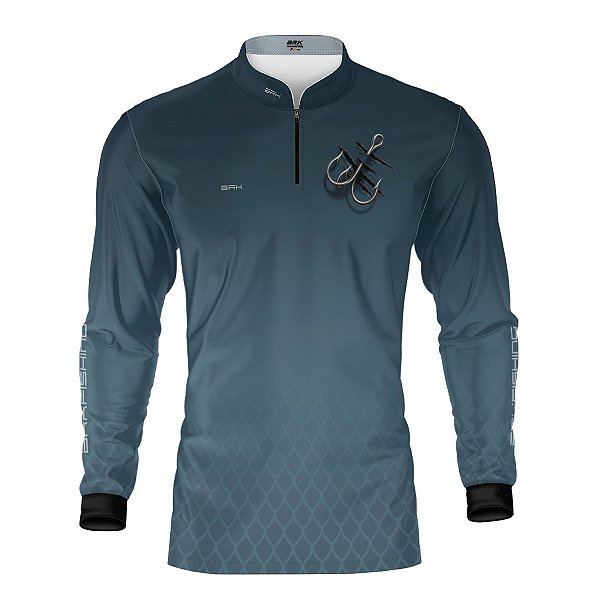 Camisa de Pesca Brk Azul Lisa Escamas Garateia com Proteção UV50+