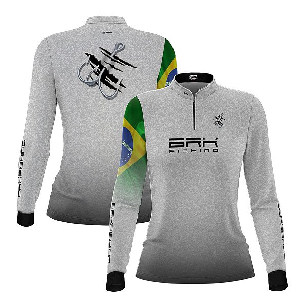 Camisa de Pesca Feminina Brk Branca Bandeira do Brasil Garateia com Proteção UV50+