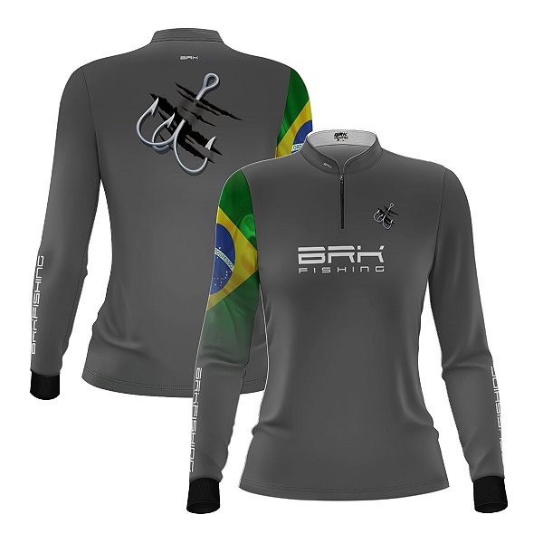 Camisa de Pesca Feminina Brk Cinza Bandeira do Brasil Garateia com Proteção UV50+