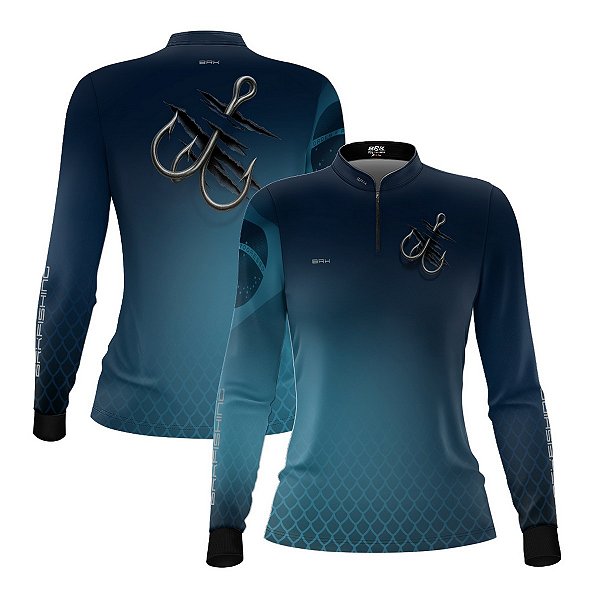 Camisa de Pesca Feminina Brk Azul Claro Escamas Bandeira do Brasil Garateia com Proteção UV50+