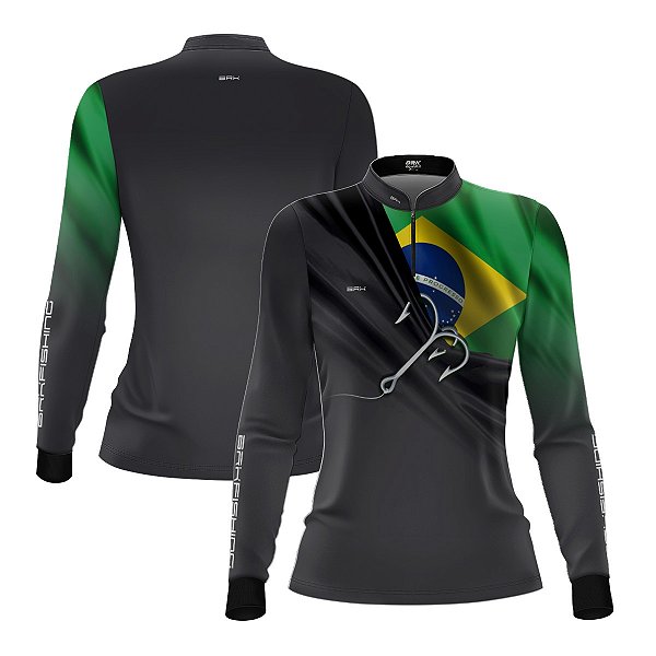 Camisa de Pesca Feminina Brk Cinza Bandeira do Brasil Garateia com Proteção UV50+