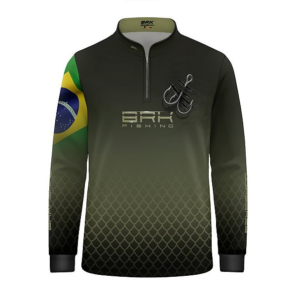 Camisa de Pesca Infantil Brk Verde Escamas Bandeira do Brasil Garateia com Proteção UV50+