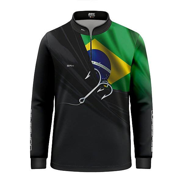 Camisa de Pesca Infantil Brk Cinza Bandeira do Brasil Garateia com Proteção UV50+