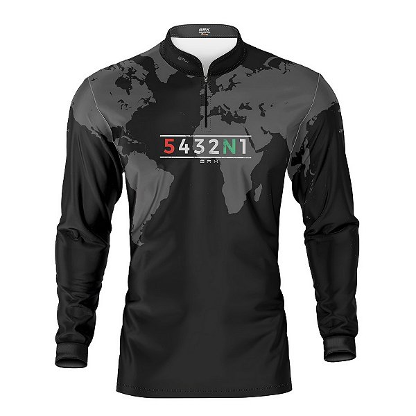 Camisa Manga Longa com Proteção UV50 Brk Preto Mapa Mundi 5 Marchas