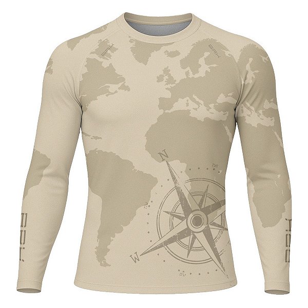 Camisa Segunda Pele Brk Discovery Bege Mapa Mundi com Proteção UV50