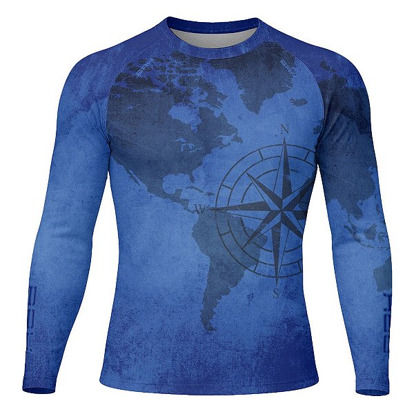 Camisa Segunda Pele Brk Discovery Azul Mapa Mundi com Proteção UV50