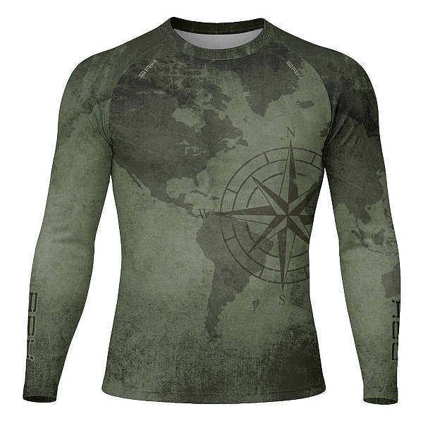 Camisa Segunda Pele Brk Discovery Verde Mapa Mundi com Proteção UV50