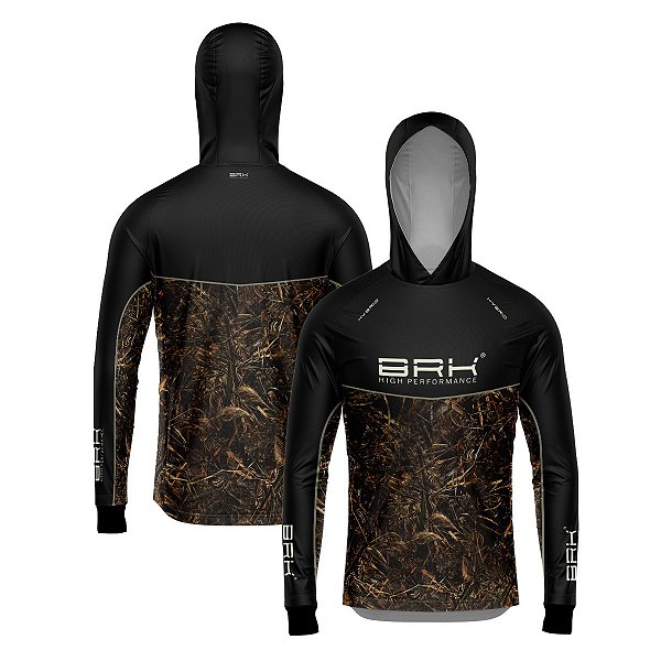 Camisa de Pesca Brk com Capuz Hybrid Black Real Tree com Proteção Solar UV50+