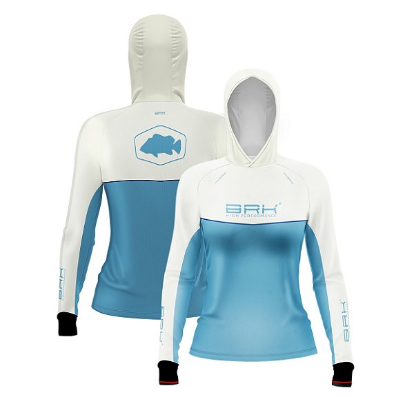 Camisa de Pesca Feminina Brk com Capuz Hybrid Bege com Azul com Proteção Solar UV50+