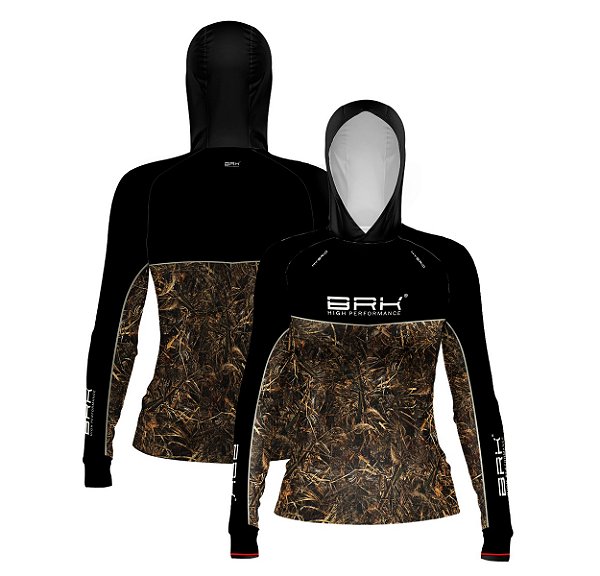 Camisa de Pesca Feminina Brk com Capuz Hybrid Black Real Tree com Proteção Solar UV50+