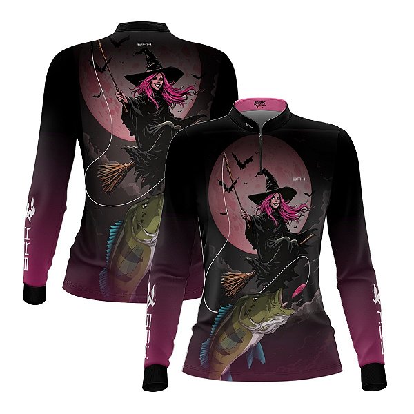 Camisa de Pesca Feminina Brk Preto e Rosa Bruxa com Proteção UV50
