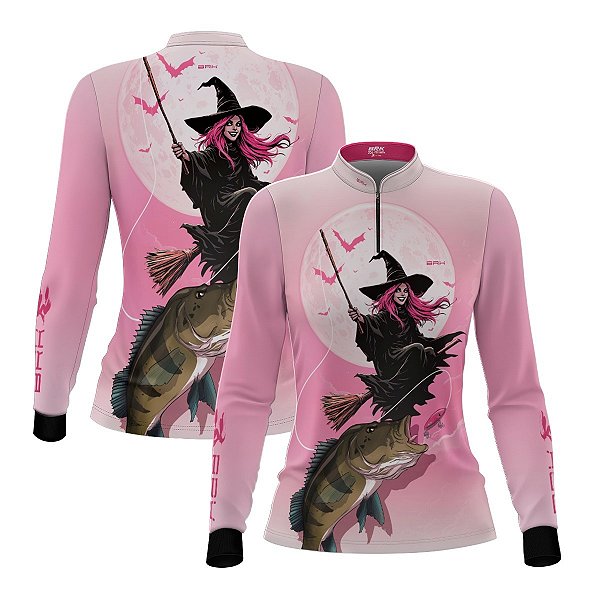 Camisa de Pesca Feminina Brk Branca e Rosa Bruxa com Proteção UV50
