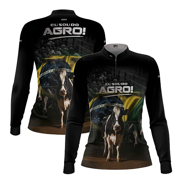 Camisa UV50 Agro Feminina Brk Eu Sou do Agro Preta Vaca Holandesa