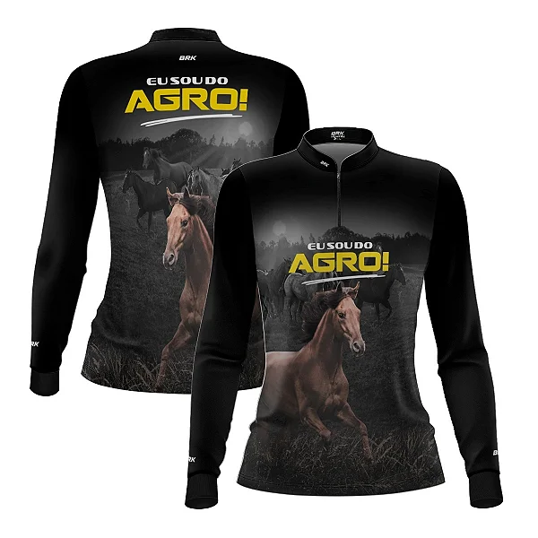 Camisa UV50 Agro Feminina Brk Eu Sou do Agro Preta Cavalos