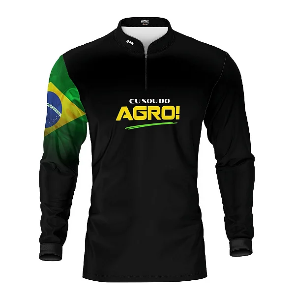 Camisa UV50 Agro Brk Eu Sou do Agro Preta Básica Bandeira do Brasil