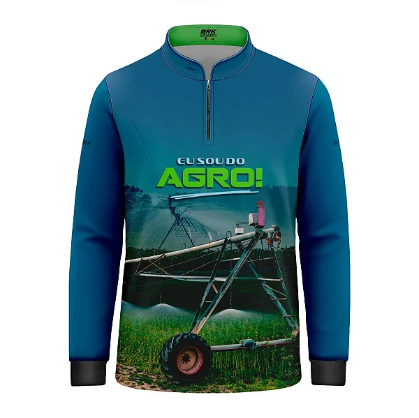 Camisa UV50 Agro Infantil Brk Eu Sou do Agro Irrigação no Campo Pivô Azul