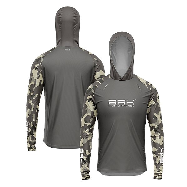 Camisa de Pesca Brk com Luva e Capuz Hybrid Camuflada Cinza e Verde com Proteção Solar UV50+