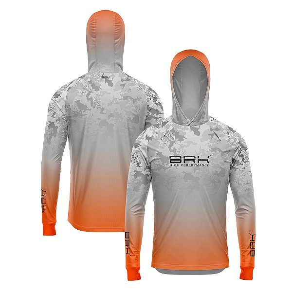 Camisa de Pesca Brk com Luva e Capuz Hybrid Camo Laranja com Proteção Solar UV50+