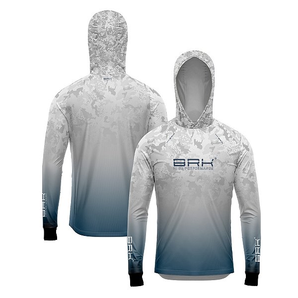 Camisa de Pesca Brk com Luva e Capuz Hybrid Camo Branca e Azul com Proteção Solar UV50+