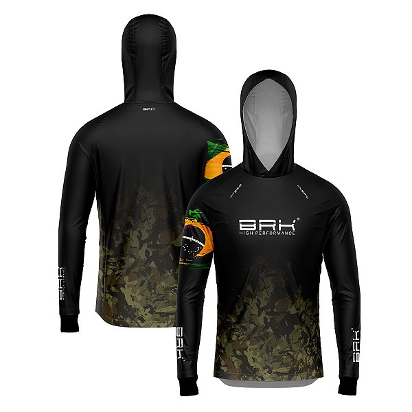 Camisa de Pesca Brk com Luva e Capuz Hybrid Camuflado Preto e Bege com Proteção Solar UV50+