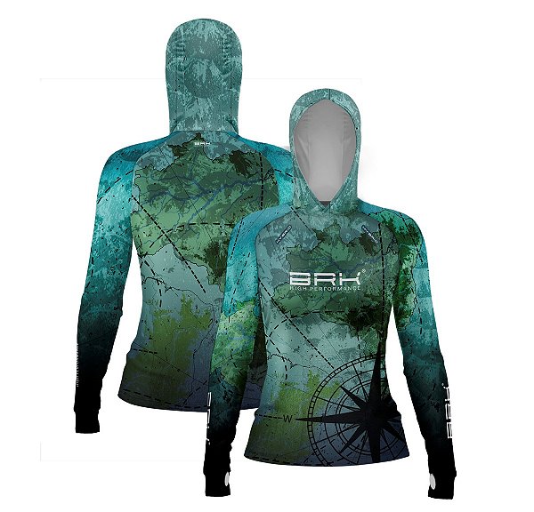 Camisa de Pesca Feminina Brk com Luva e Capuz Hybrid Mapa Brasil com Proteção Solar UV50+