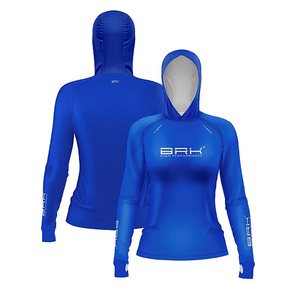 Camisa de Pesca Feminina Brk com Luva e Capuz Hybrid Azul Escuro com Proteção Solar UV50+