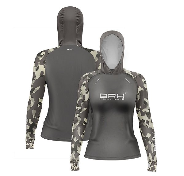 Camisa de Pesca Feminina Brk com Luva e Capuz Hybrid Camuflada Cinza e Verde com Proteção Solar UV50+