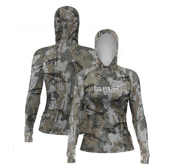 Camisa de Pesca Feminina Brk com Luva e Capuz Hybrid Camuflada Peixe com Proteção Solar UV50+