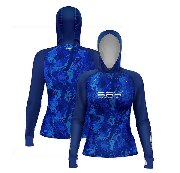 Camisa de Pesca Feminina Brk com Luva e Capuz Hybrid Camo Azul com Proteção Solar UV50+