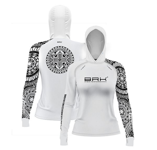 Camisa de Pesca Feminina Brk com Luva e Capuz Hybrid Branca Maori com Proteção Solar UV50+