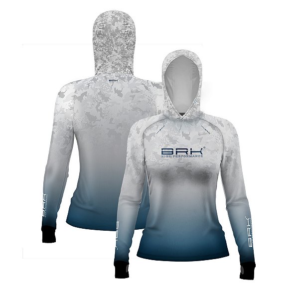 Camisa de Pesca Feminina Brk com Luva e Capuz Hybrid Camo Branca e Azul com Proteção Solar UV50+