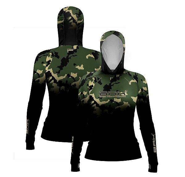 Camisa de Pesca Feminina Brk com Luva e Capuz Hybrid Camuflada Verde com Proteção Solar UV50+