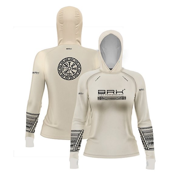 Camisa de Pesca Feminina Brk com Luva e Capuz Hybrid Maori Bege com Proteção Solar UV50+