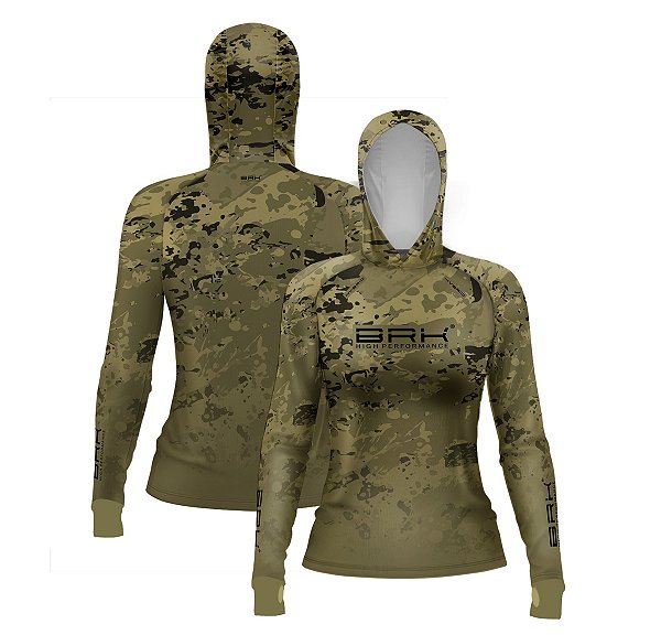 Camisa de Pesca Feminina Brk com Luva e Capuz Hybrid Camuflado Verde com Proteção Solar UV50+