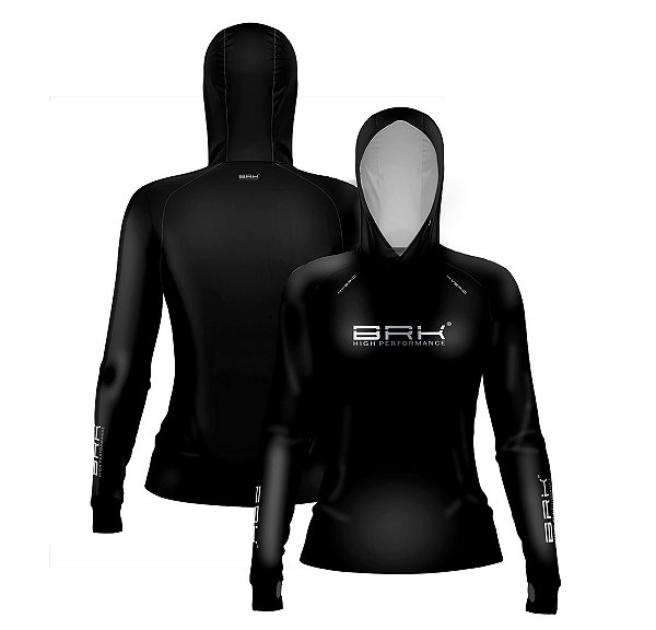 Camisa de Pesca Feminina Brk com Luva e Capuz Hybrid Clean Preta com Proteção Solar UV50+