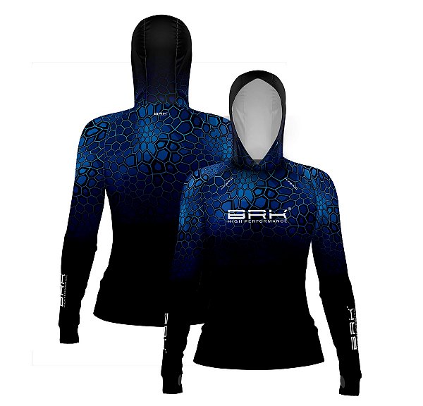 Camisa de Pesca Feminina Brk com Luva e Capuz Hybrid Cryptek Azul com Proteção Solar UV50+