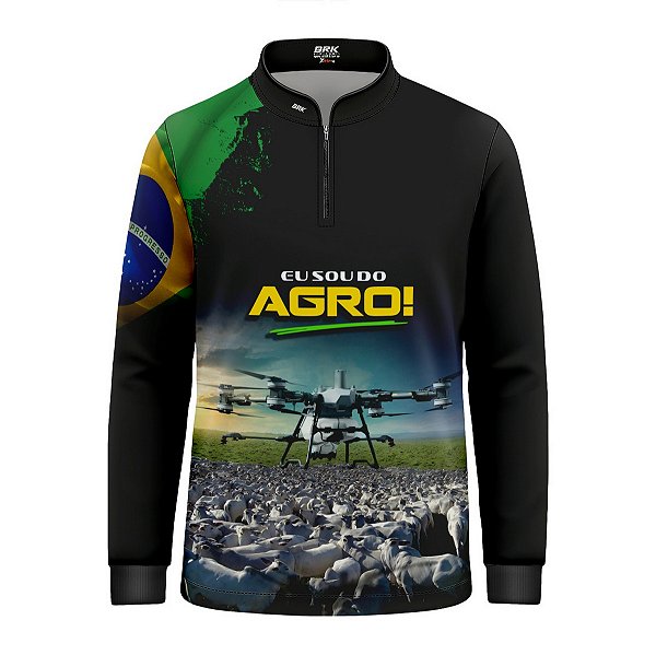 Camisa Agro Infantil Brk Eu Sou do Agro Preta Drone e Gado com Proteção UV50